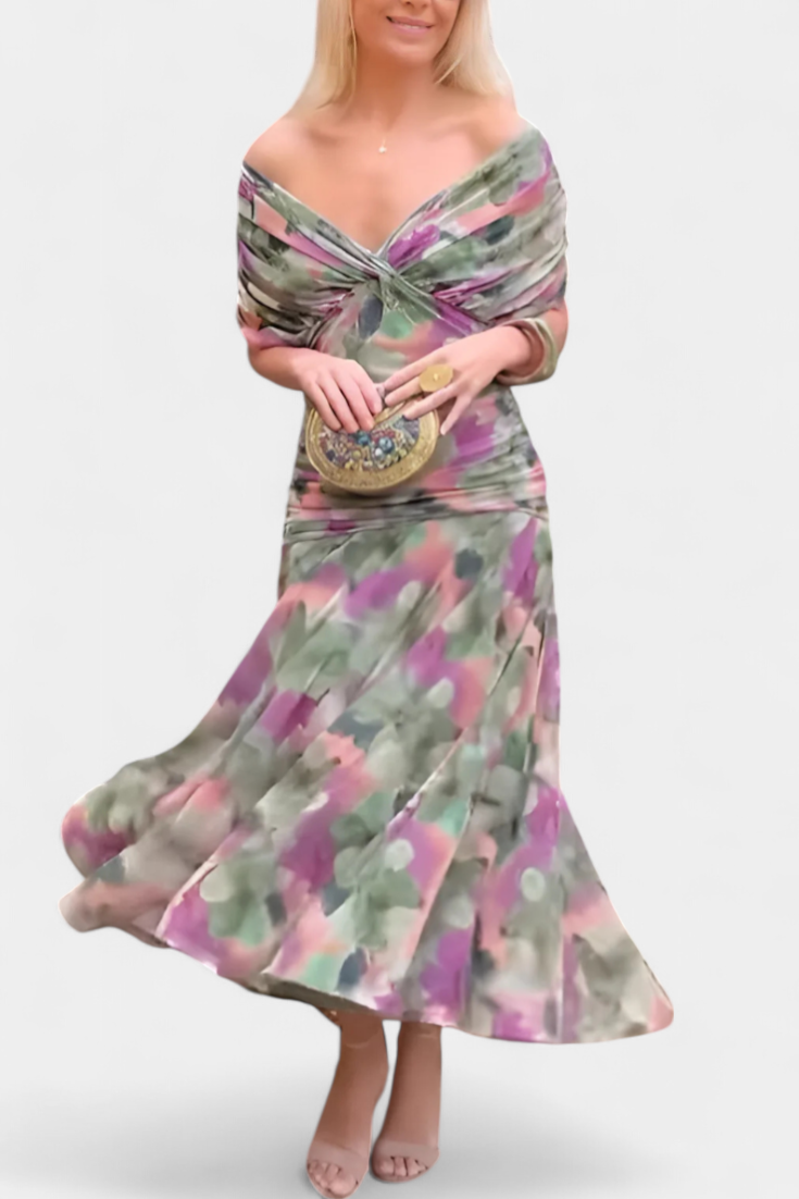 Vestido maxi para mujeres con hombros al descubierto, cintura fruncida y escote retorcido