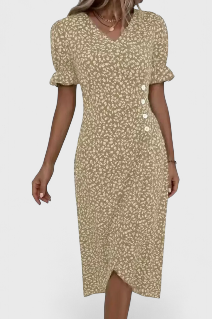 Joana Vestido Midi Floral con Escote en V y Mangas Cortas