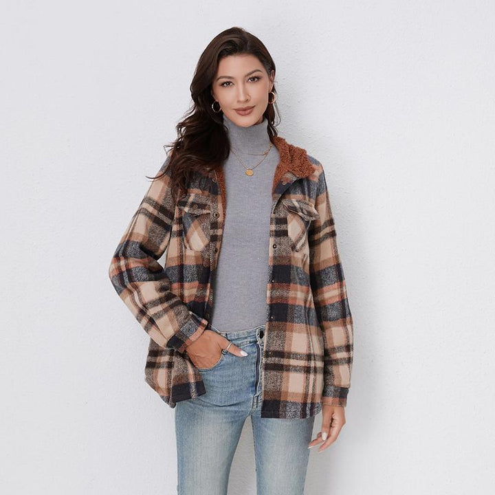 AMELIA™ - Abrigo de franela a cuadros con capucha para mujer, para el otoño y el invierno