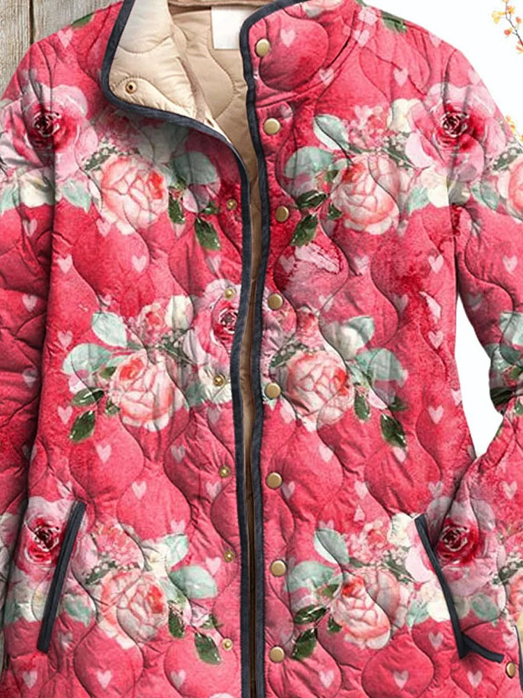 Abrigo acolchado femenino rosa con encantadoras flores estampadas, de estilo casual