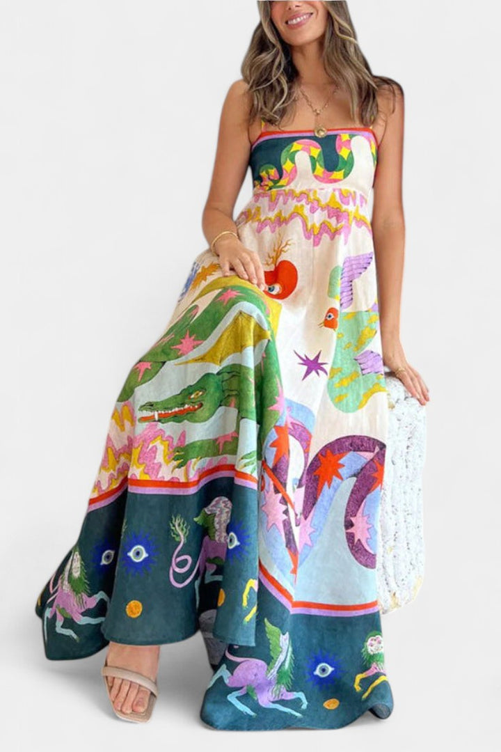 Arlene Vestido Midi de Mezcla de Lino Impreso