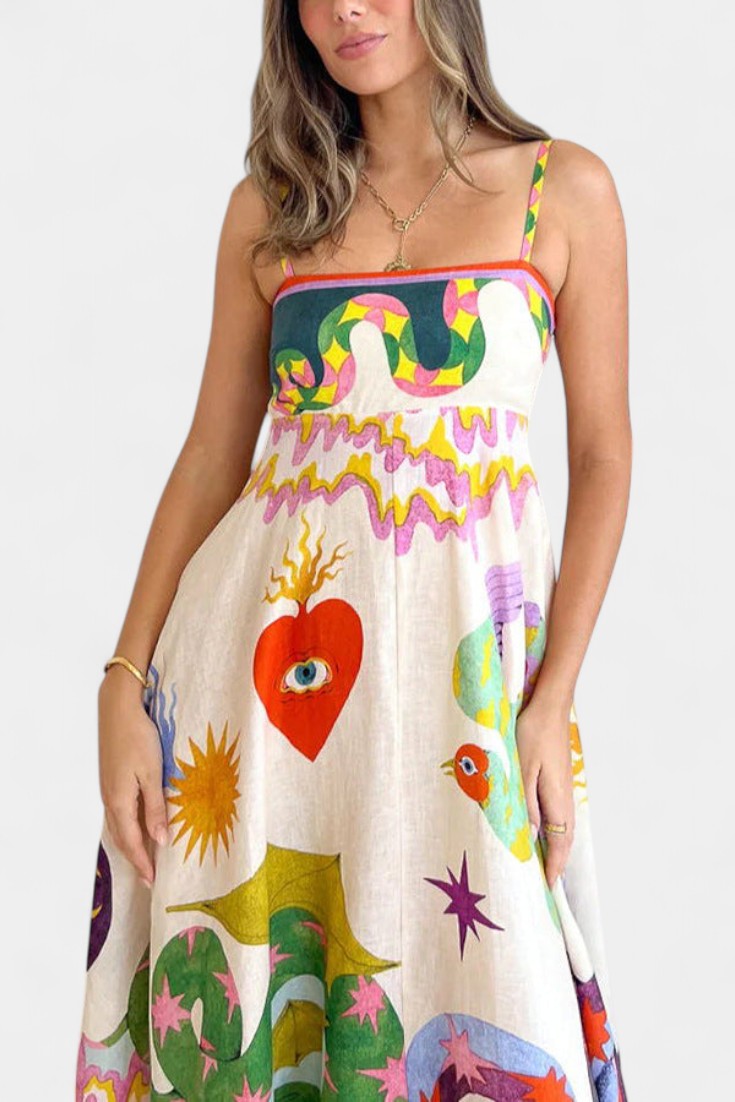 Arlene Vestido Midi de Mezcla de Lino Impreso