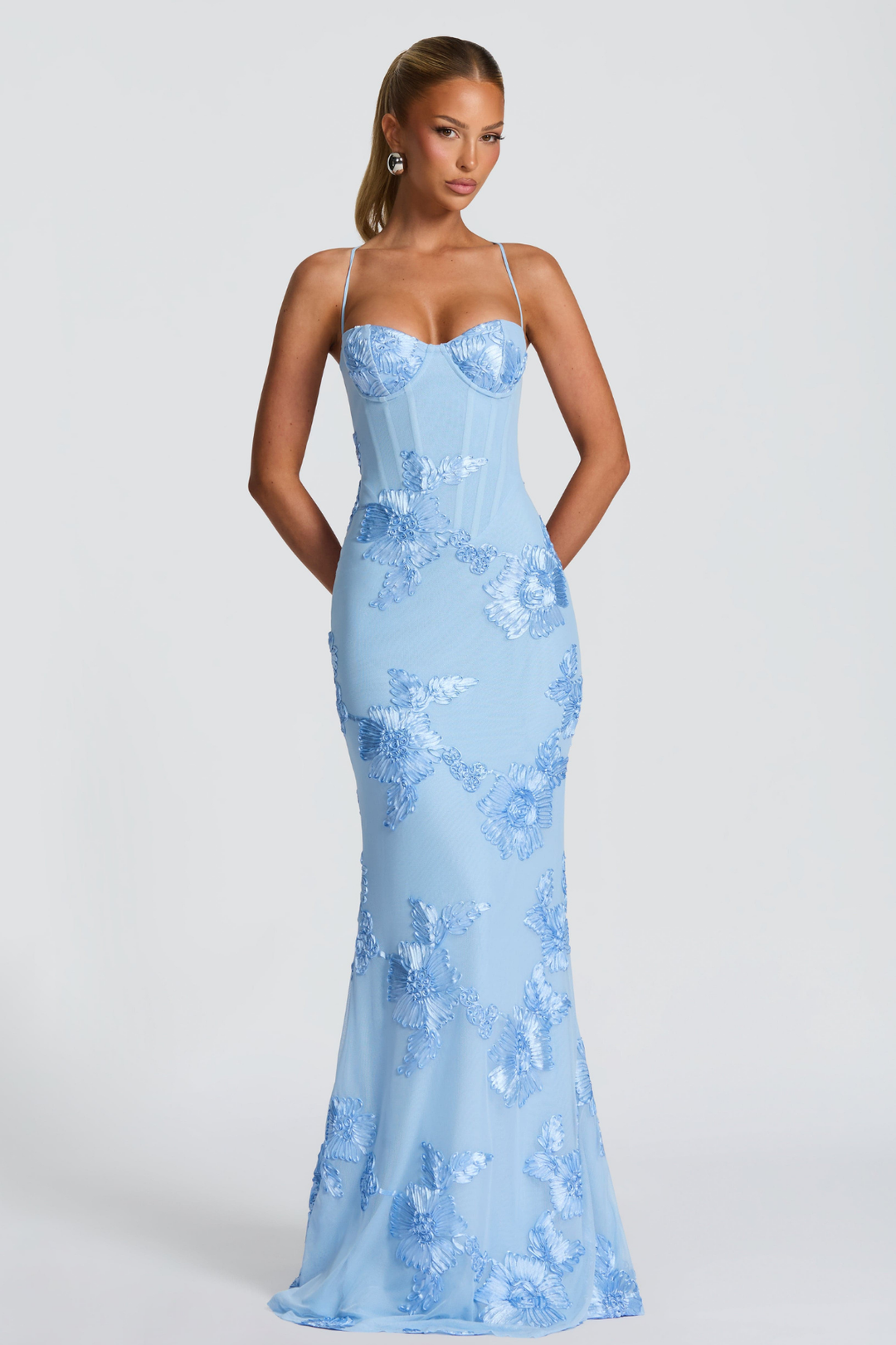 Vestido maxi para mujeres sin tirantes, espalda descubierta, con cordones y bordado floral