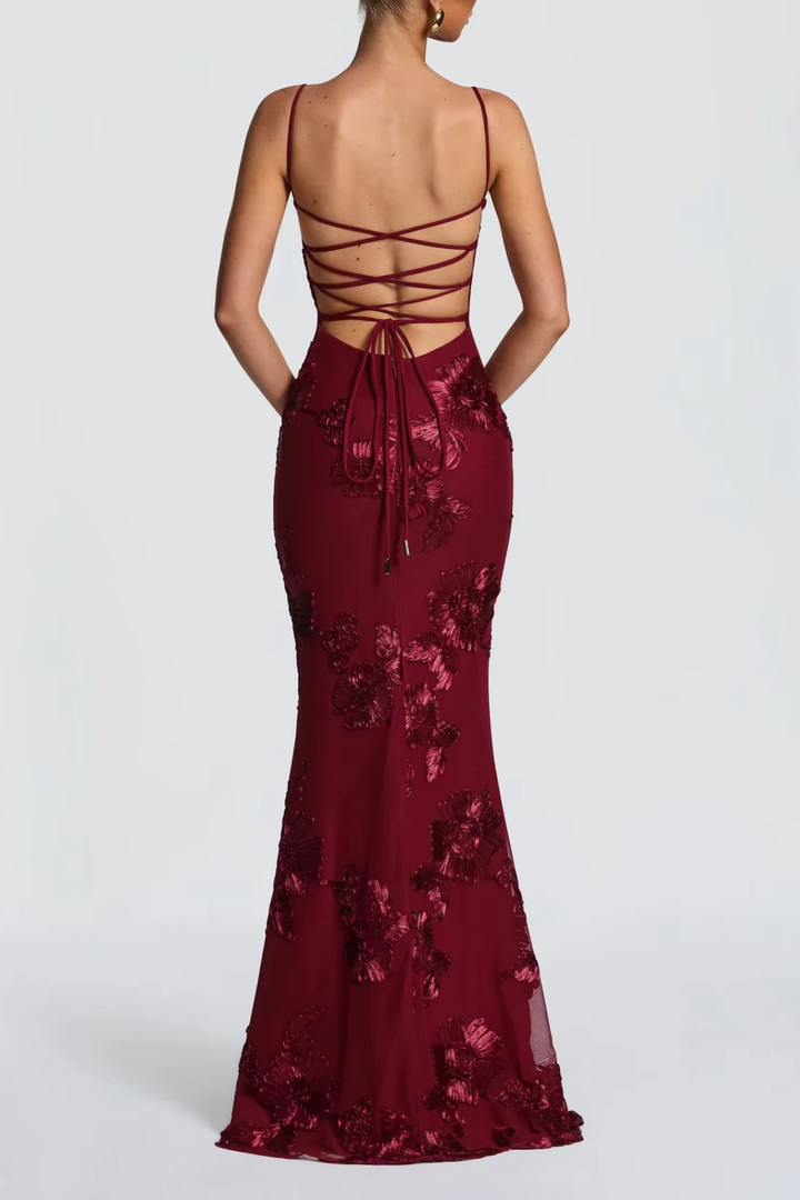 Vestido maxi para mujeres sin tirantes, espalda descubierta, con cordones y bordado floral