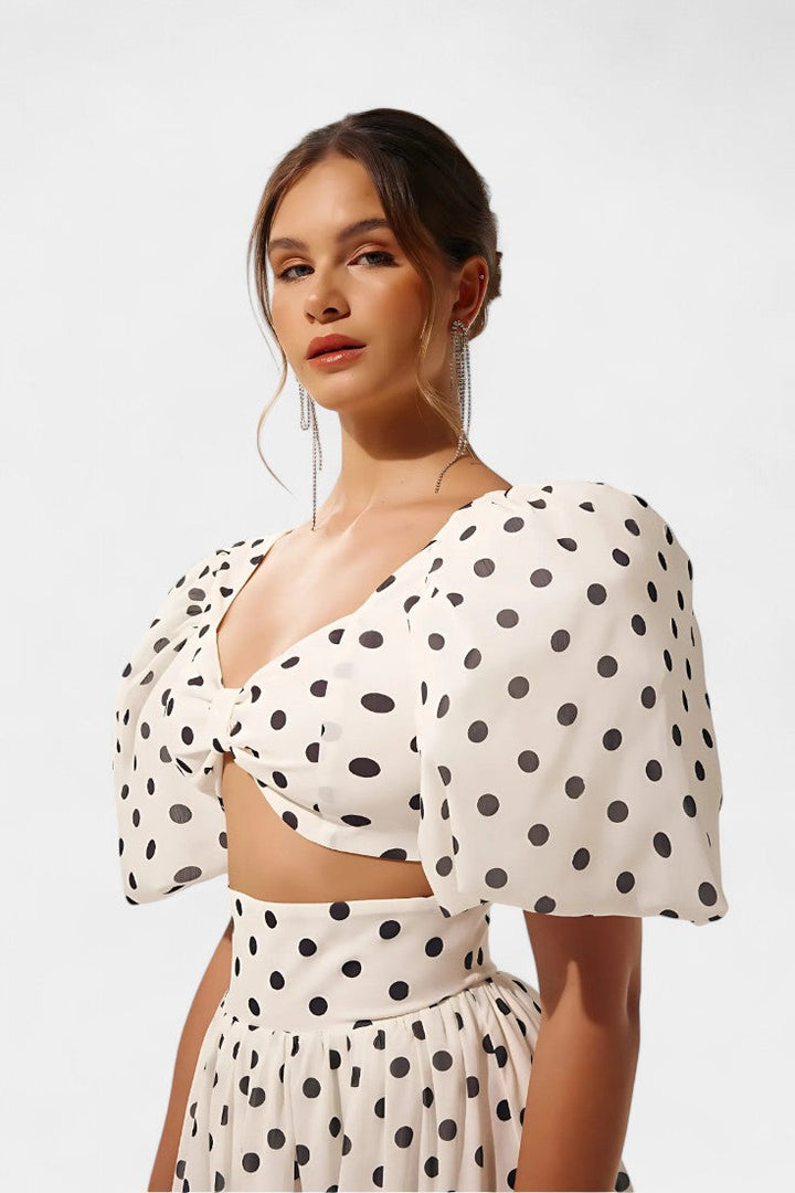 Sherine Conjunto de Falda con Mangas Abullonadas de Lunares
