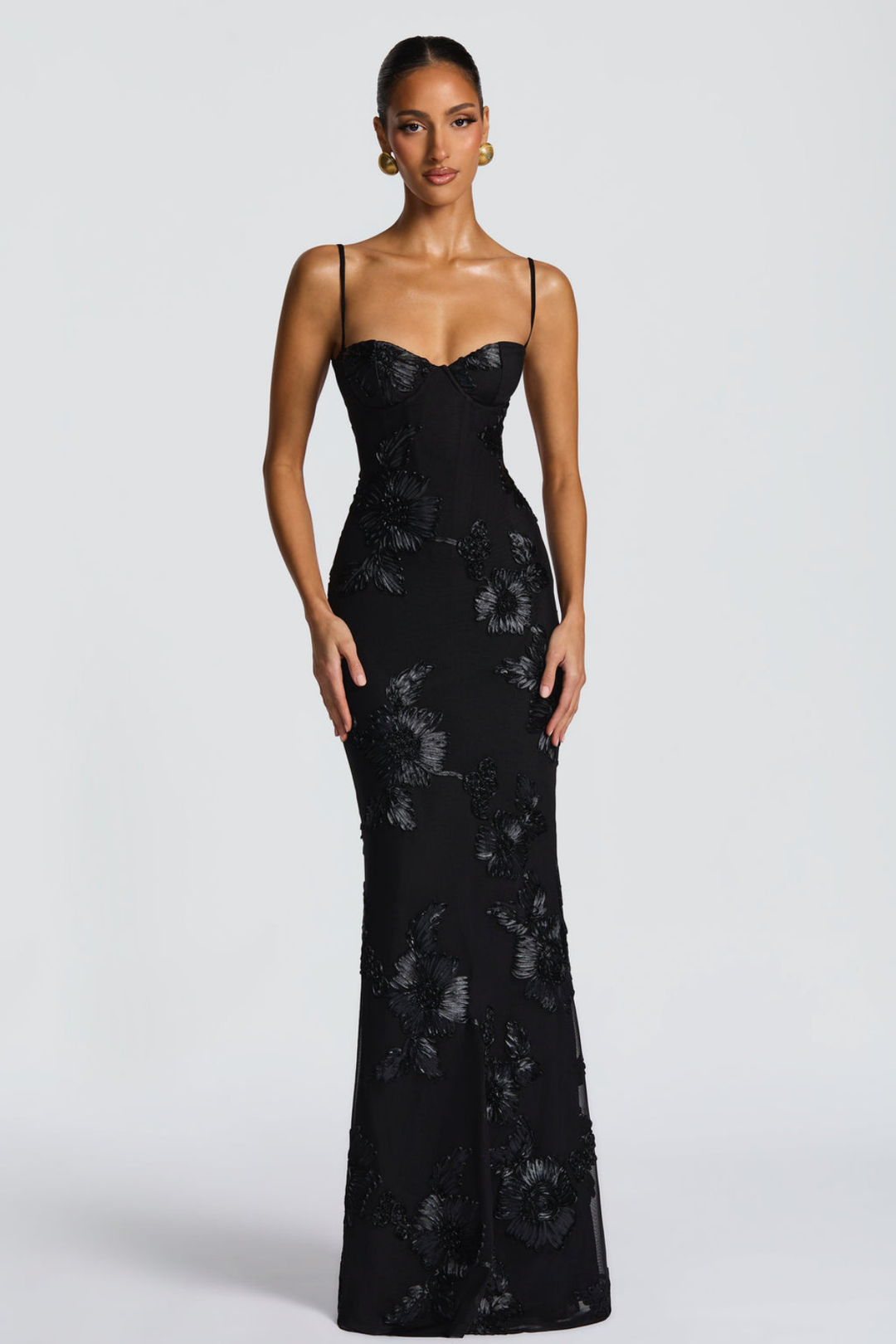 Vestido maxi para mujeres sin tirantes, espalda descubierta, con cordones y bordado floral