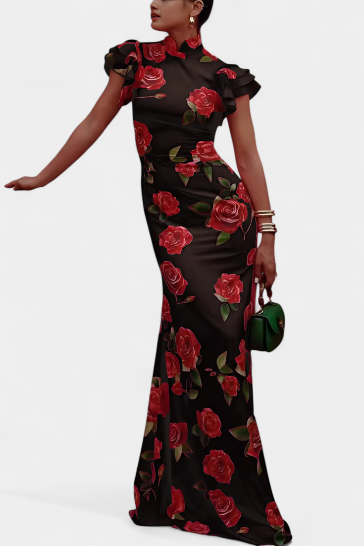 Mayra Vestido Qipao con Estampado de Rosas Elegante