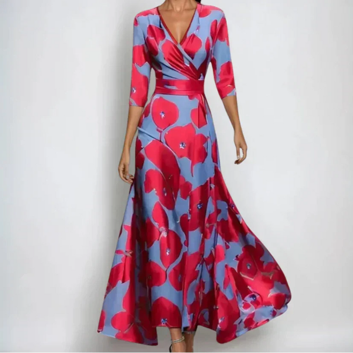 Vestido Maxi de mujer con frente envolvente, escote en V, mangas 3/4, estampado floral multicolor