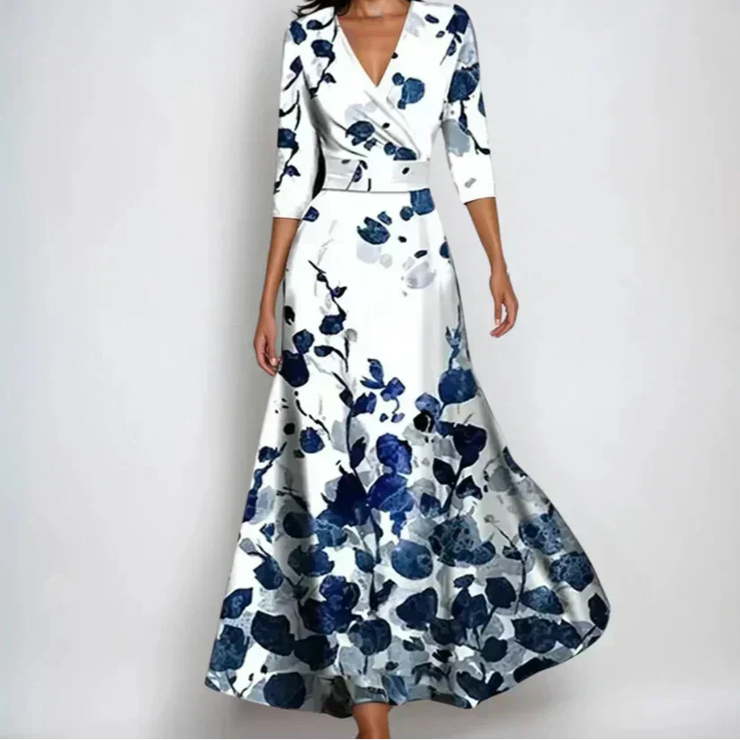 Vestido Maxi de mujer con frente envolvente, escote en V, mangas 3/4, estampado floral multicolor