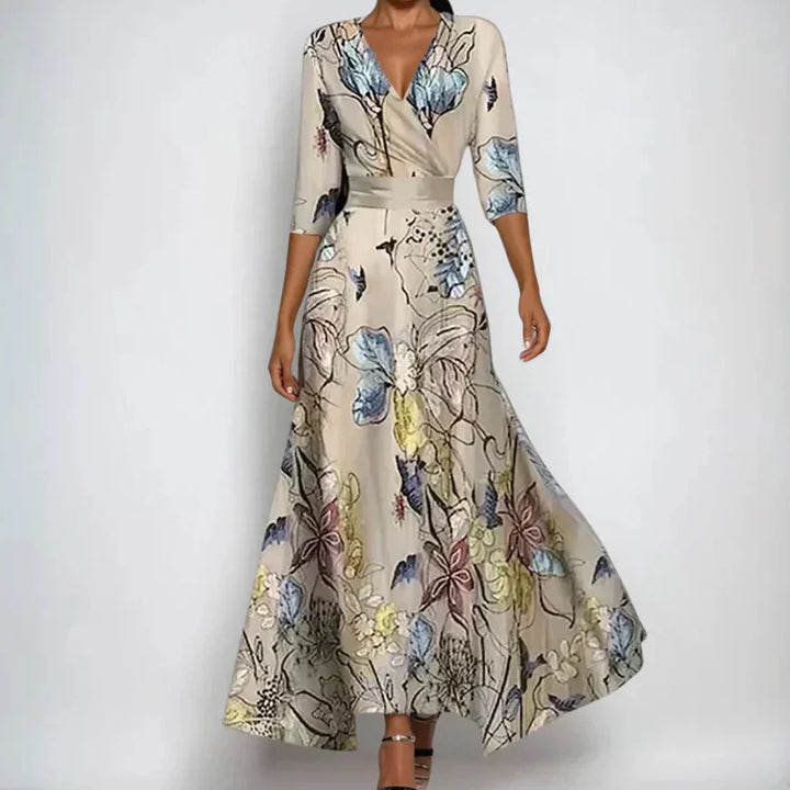 Vestido Maxi de mujer con frente envolvente, escote en V, mangas 3/4, estampado floral multicolor