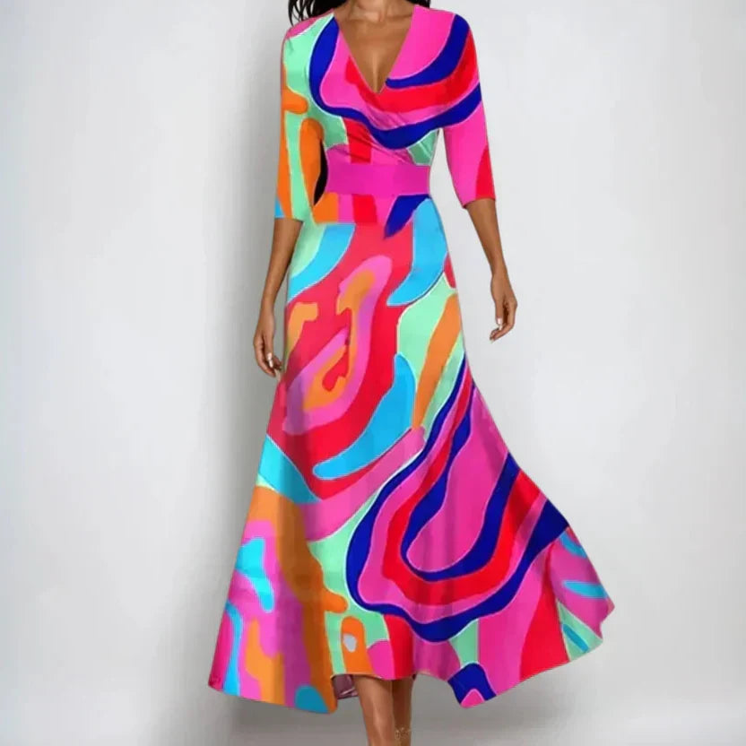 Vestido Maxi de mujer con frente envolvente, escote en V, mangas 3/4, estampado floral multicolor