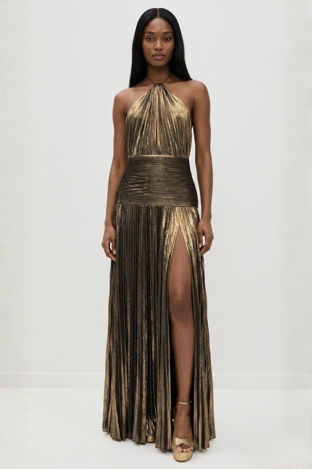 Vestido maxi para mujeres con cuello halter, plisado, abertura y sin espalda