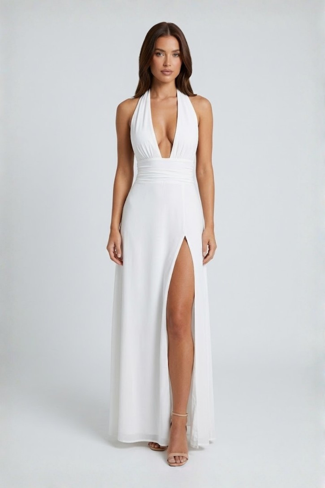 Vestido maxi de mujer con cuello halter, escote pronunciado y alta abertura con lazo en la espalda