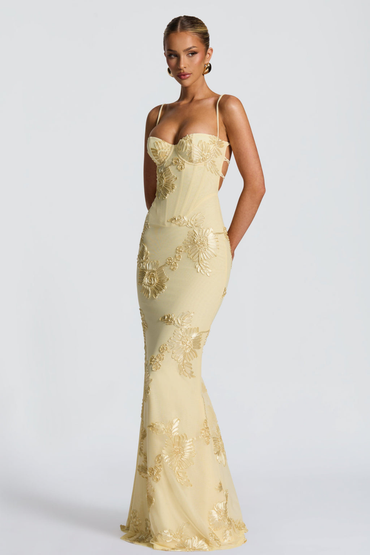 Vestido maxi para mujeres sin tirantes, espalda descubierta, con cordones y bordado floral