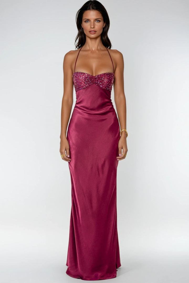 Vestido maxi de mujer con cuello halter, cuerpo adornado y espalda con cordones, corte recto