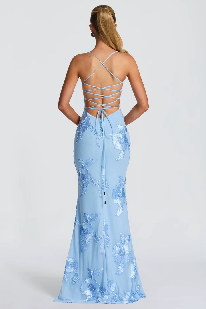 Vestido maxi para mujeres sin tirantes, espalda descubierta, con cordones y bordado floral