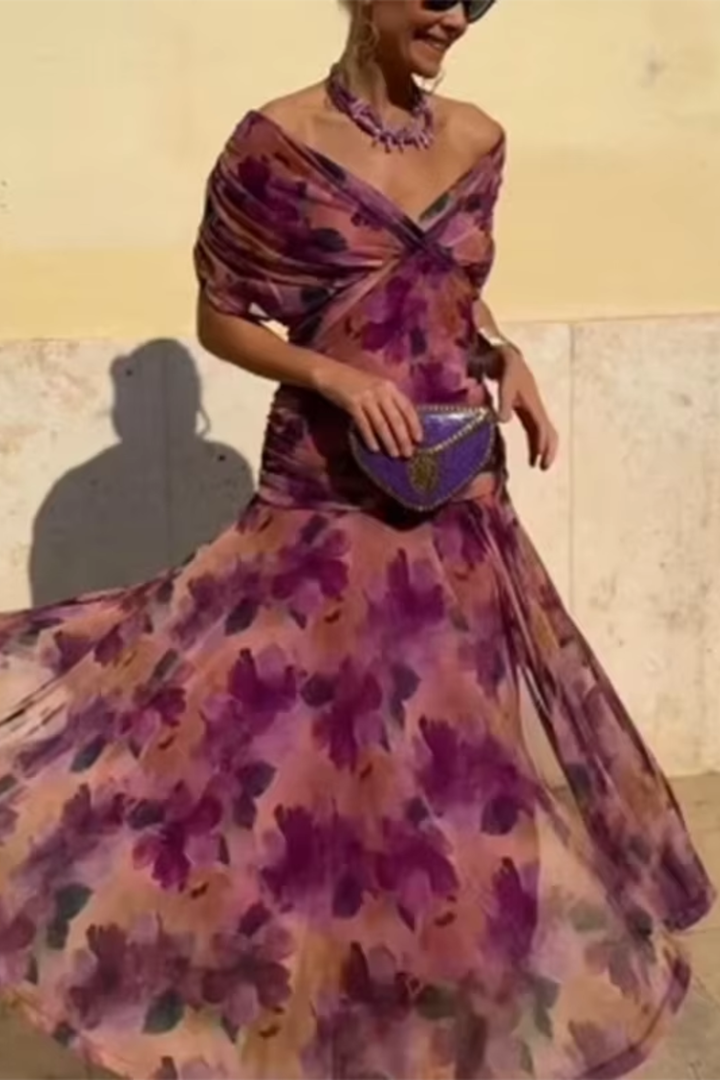 Vestido maxi para mujeres, escote en V drapeado, mangas cortas, cintura fruncida, falda fluida