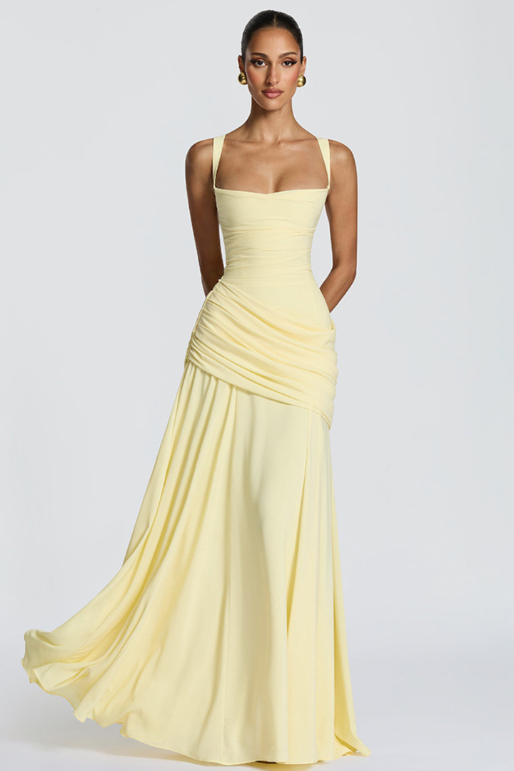 Vestido maxi para mujeres con escote cuadrado, cintura drapeada, tirantes delgados y espalda cruzada