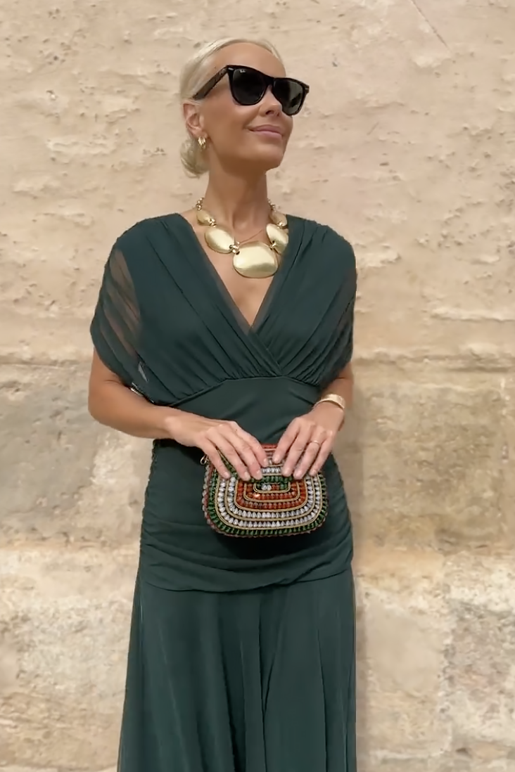 Vestido maxi para mujeres con mangas drapeadas, escote estilo envolvente, cintura fruncida, multicolor
