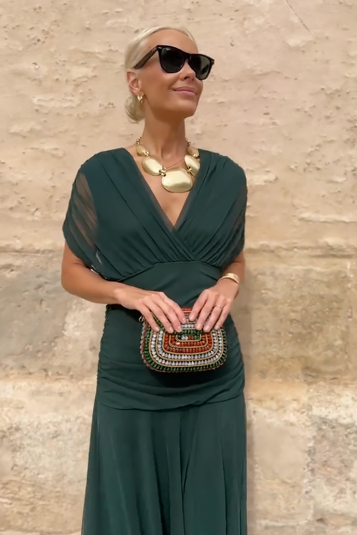 Vestido maxi para mujeres con mangas drapeadas, escote estilo envolvente, cintura fruncida, multicolor