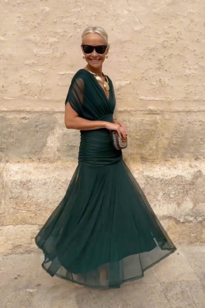 Vestido maxi para mujeres, escote en V drapeado, mangas cortas, cintura fruncida, falda fluida