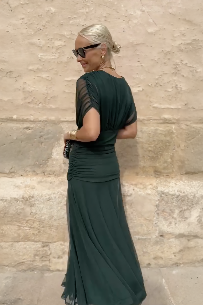Vestido maxi para mujeres, escote en V drapeado, mangas cortas, cintura fruncida, falda fluida