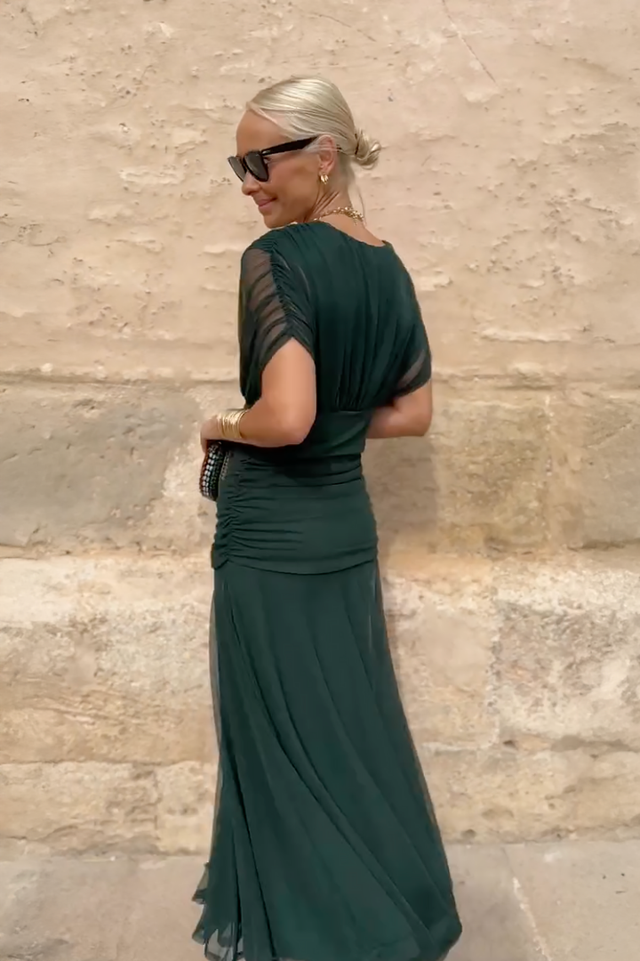 Vestido maxi para mujeres, escote en V drapeado, mangas cortas, cintura fruncida, falda fluida