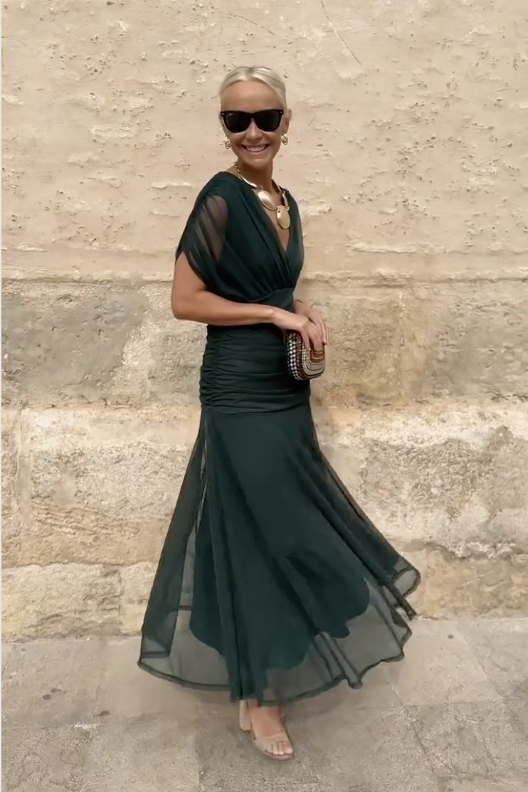 Vestido maxi para mujeres con mangas drapeadas, escote estilo envolvente, cintura fruncida, multicolor