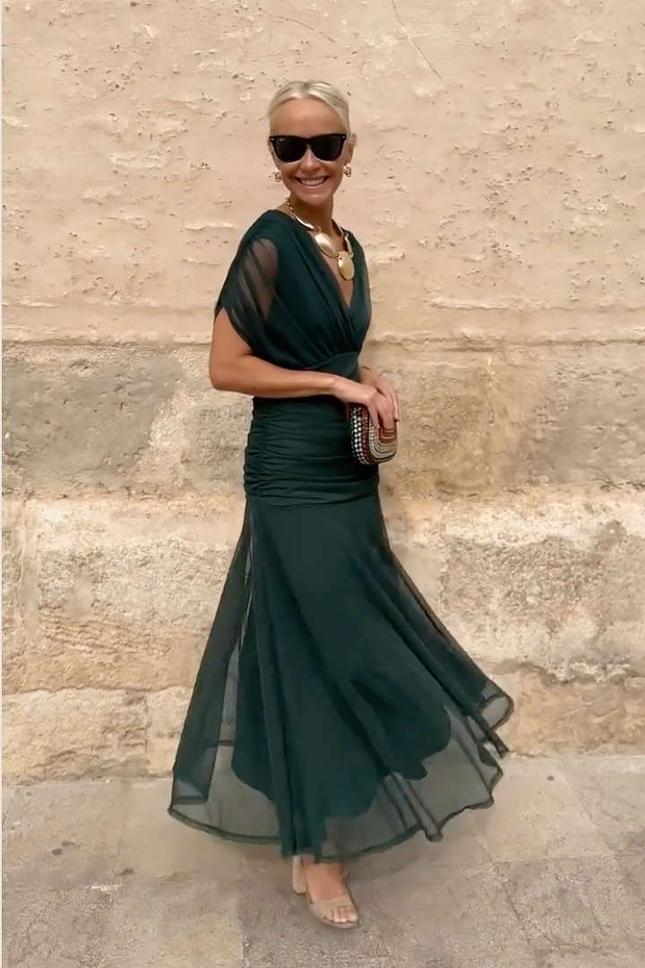 Vestido maxi para mujeres, escote en V drapeado, mangas cortas, cintura fruncida, falda fluida
