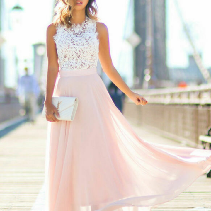 Vestido maxi para mujeres con parte superior de encaje blanco y falda fluida en rosa pálido