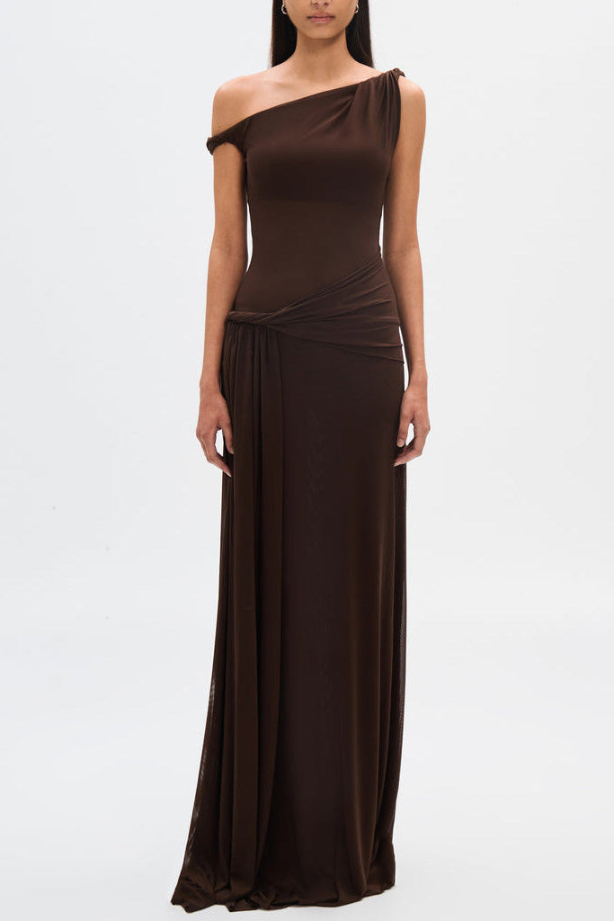 Eranda Vestido Maxi de Malla Drapada Off-Shoulder