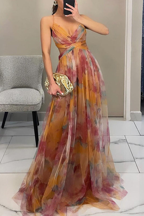 Vestido maxi para mujeres, floral, escote drapeado, tirantes finos, cintura definida