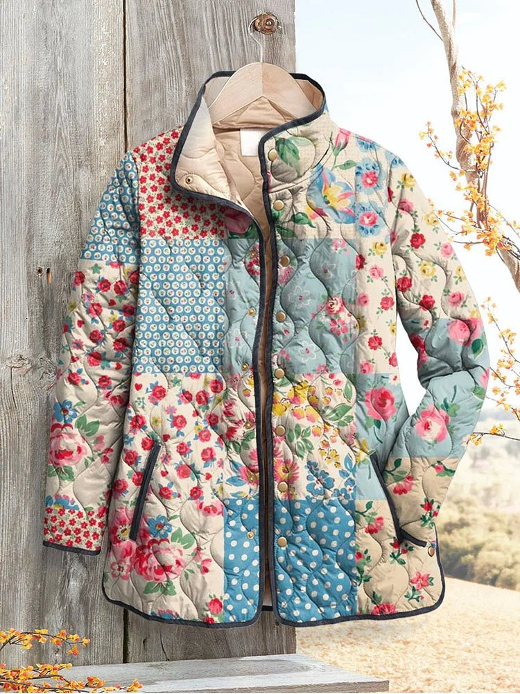 Abrigo acolchado femenino vintage con flores encantadoras, de estilo casual