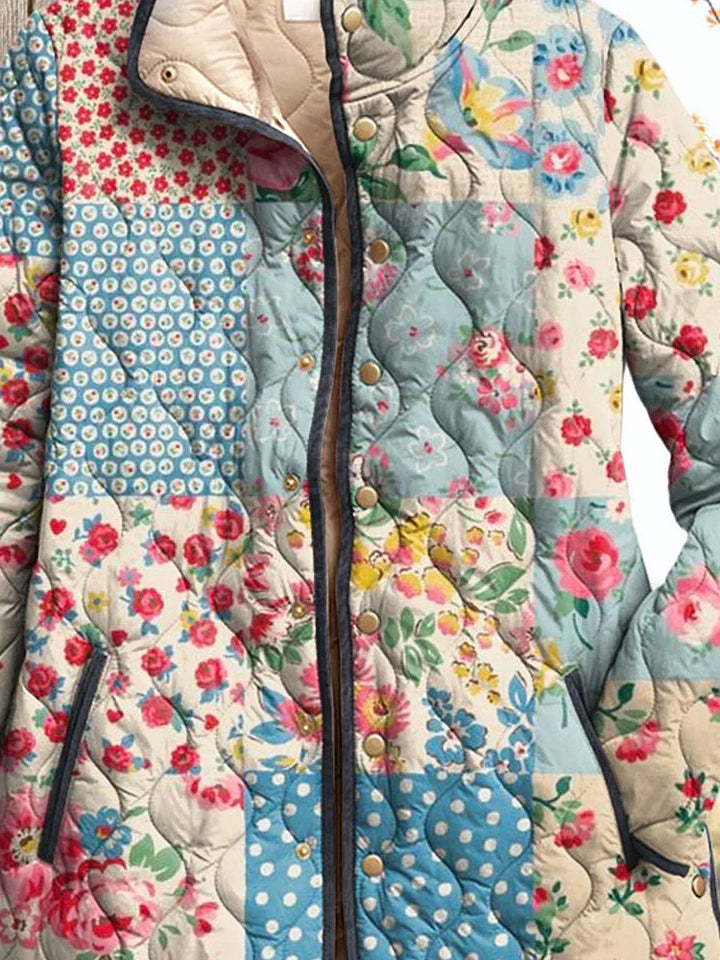 Abrigo acolchado femenino vintage con flores encantadoras, de estilo casual