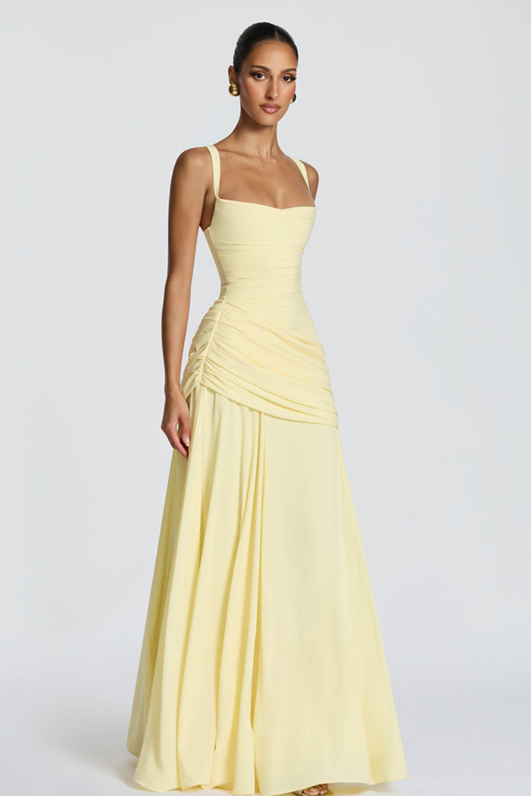 Vestido maxi para mujeres con escote cuadrado, cintura drapeada, tirantes delgados y espalda cruzada