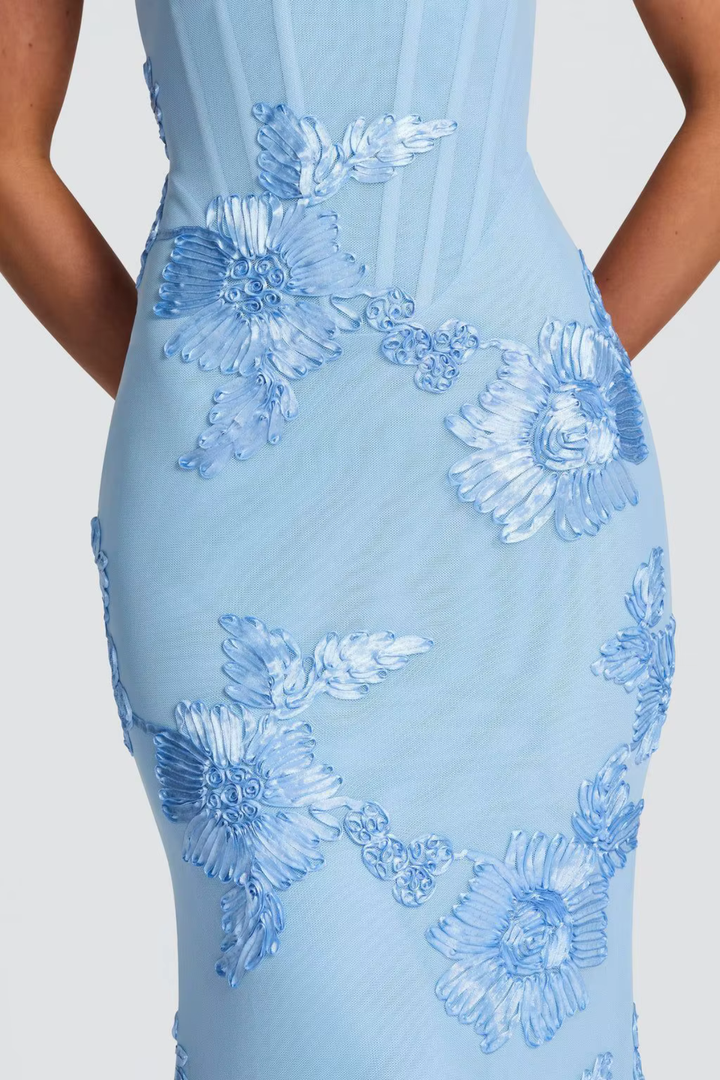 Vestido maxi para mujeres sin tirantes, espalda descubierta, con cordones y bordado floral
