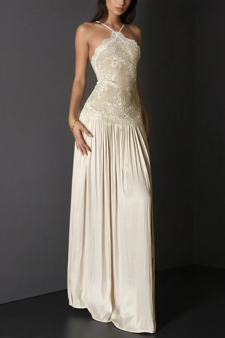 Vestido maxi para mujer con escote halter, top de bustier de encaje, espalda descubierta, falda plisada