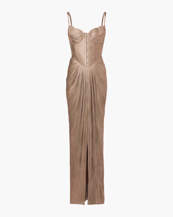 Vestido maxi dorado para mujer con corsé plisado y tirantes finos, espalda con cordones