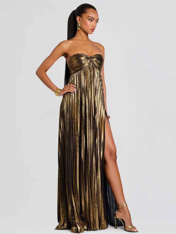 Maxi vestido para mujeres sin tirantes con cuerpo retorcido y abertura alta
