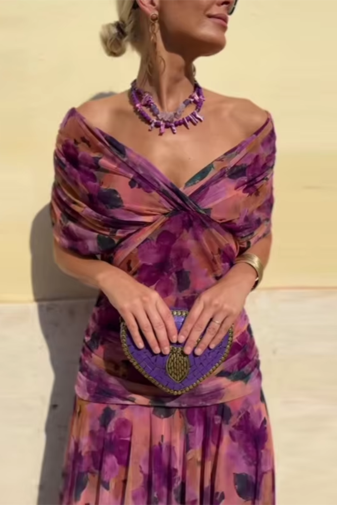 Vestido maxi para mujeres, escote en V drapeado, mangas cortas, cintura fruncida, falda fluida