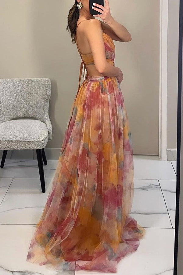 Vestido maxi para mujeres, floral, escote drapeado, tirantes finos, cintura definida