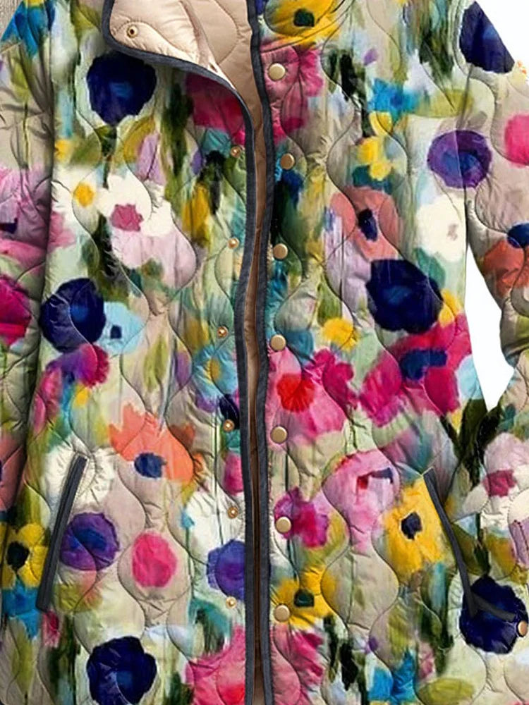 Abrigo acolchado femenino vintage con flores encantadoras, de estilo casual