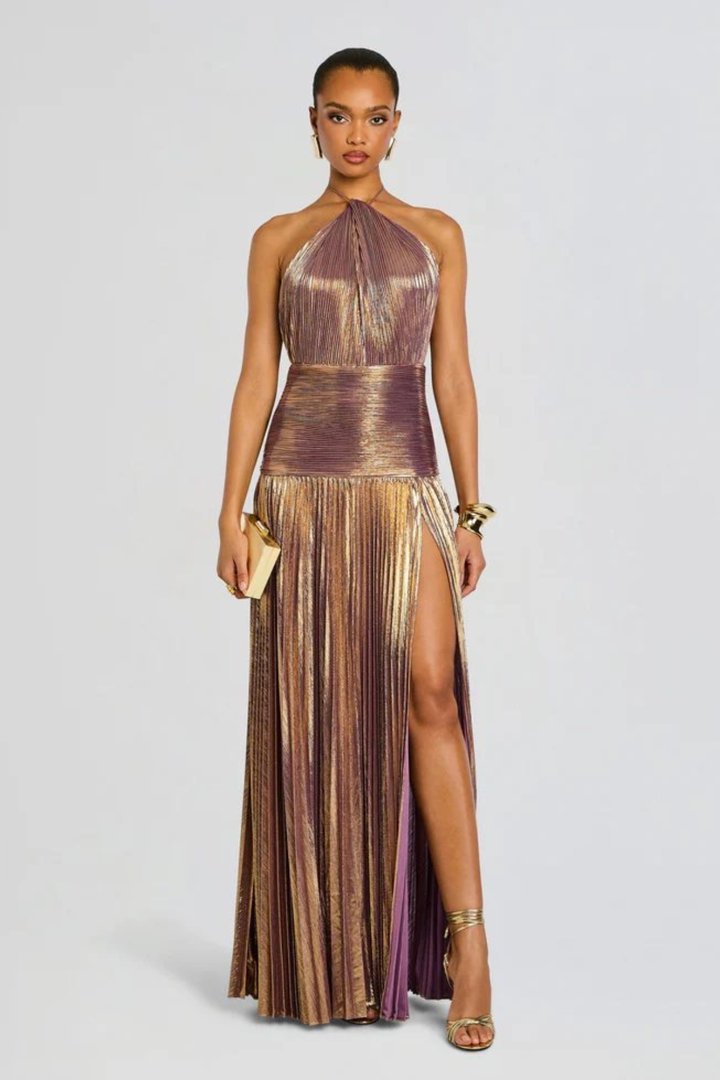 Vestido maxi para mujeres con cuello halter, plisado, abertura y sin espalda