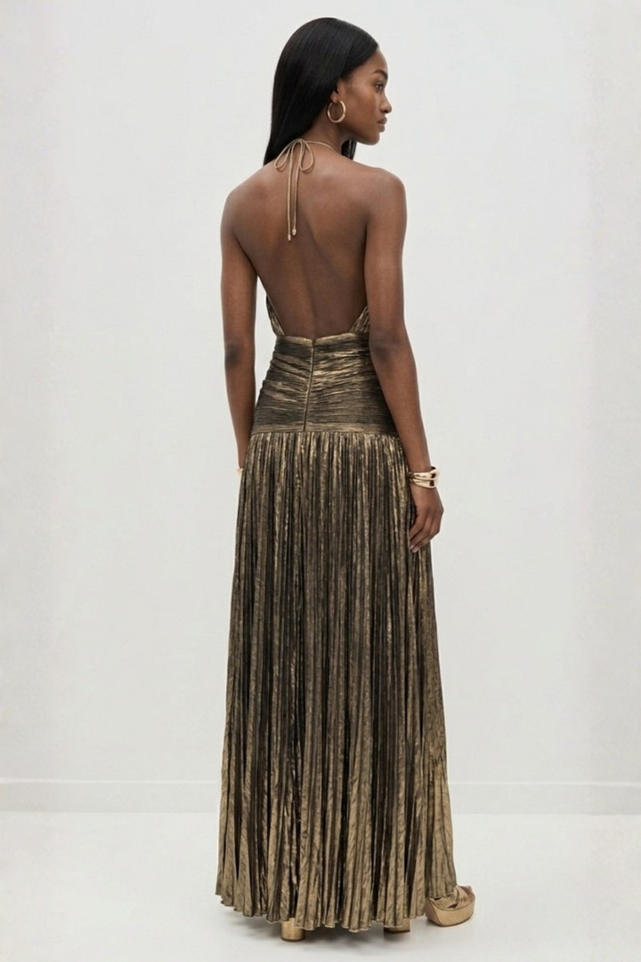 Vestido maxi para mujeres con cuello halter, plisado, abertura y sin espalda