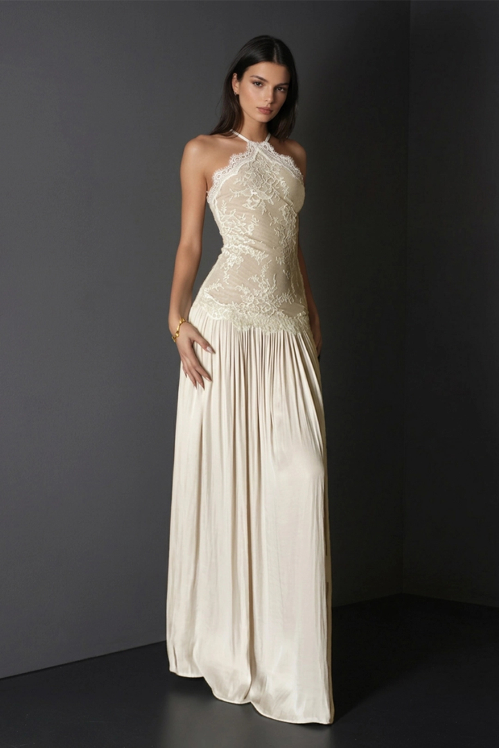 Vestido maxi para mujer con escote halter, top de bustier de encaje, espalda descubierta, falda plisada