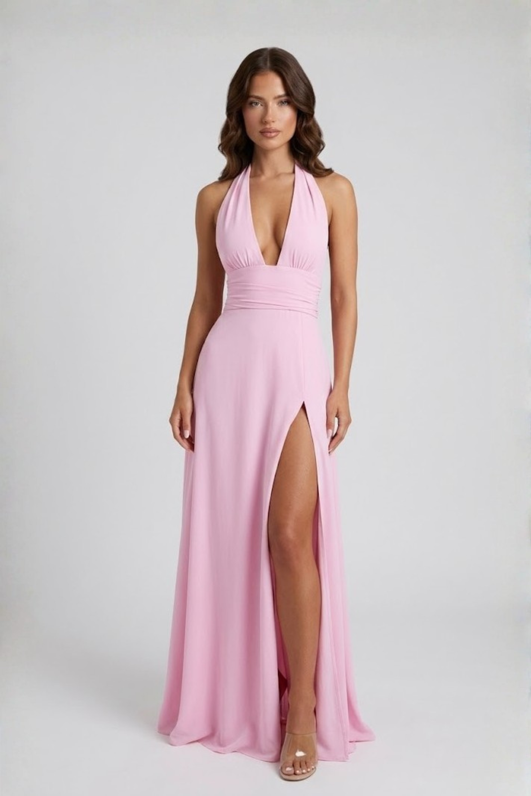 Vestido maxi de mujer con cuello halter, escote pronunciado y alta abertura con lazo en la espalda