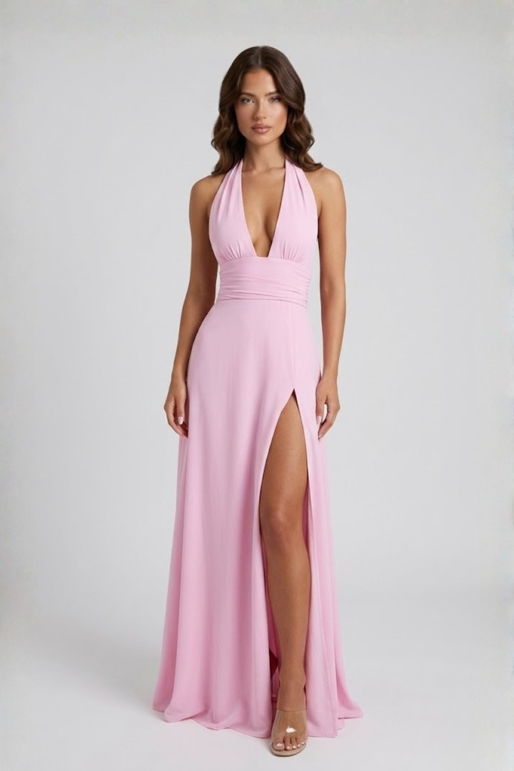Vestido maxi de mujer con cuello halter, escote pronunciado y alta abertura con lazo en la espalda