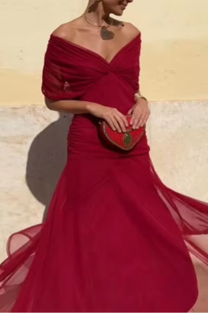 Vestido maxi para mujeres, escote en V drapeado, mangas cortas, cintura fruncida, falda fluida