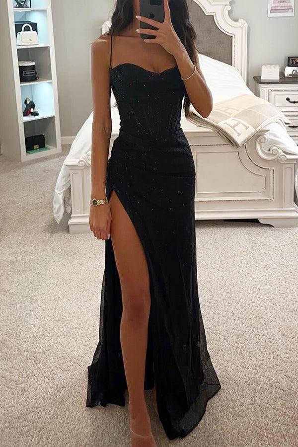 Vestido maxi para mujeres con lentejuelas, escote corazón, abertura alta y tirantes delgados