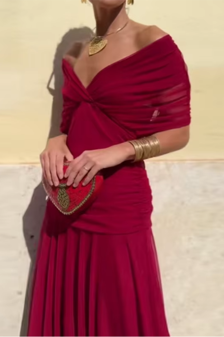 Vestido maxi para mujeres, escote en V drapeado, mangas cortas, cintura fruncida, falda fluida